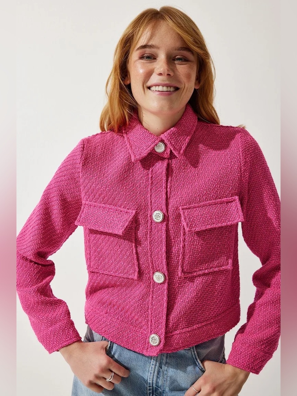 Zara Pink Tweed Cropped Blazer Jacket